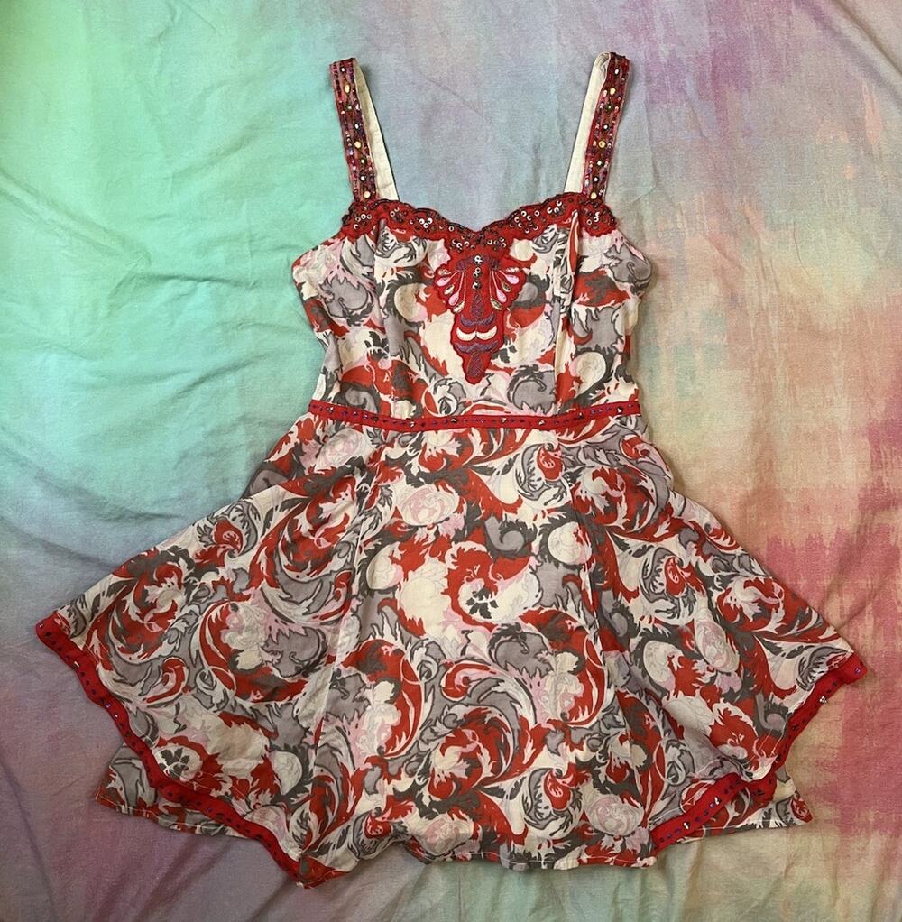 Free People Y2K Tiered Beaded Sequin Mini dress Boho Romantic Hippie Size 6